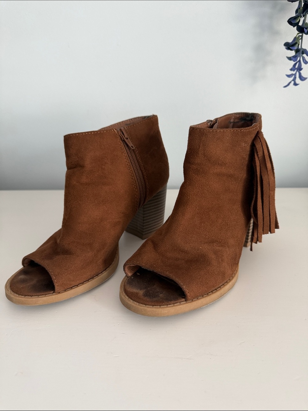 Soda Brown Suede Open-Toe Fringe Ankle Boots